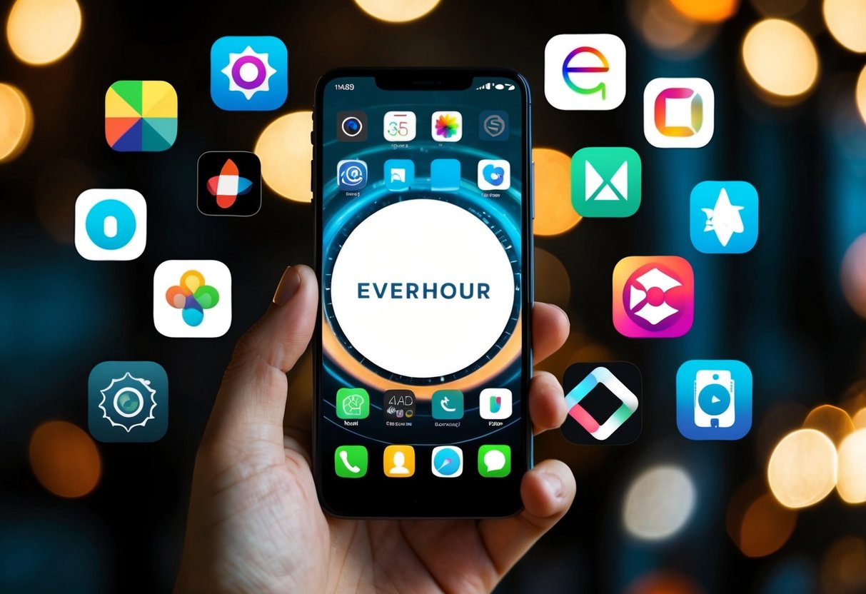 Everhour Contact Phone Number A smartphone with Everhour logo surrounded by various app icons