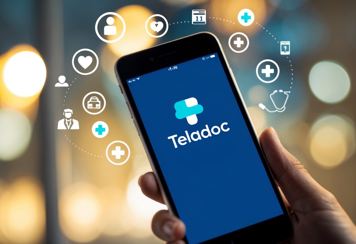 A phone with Teladoc logo displayed, surrounded by icons of various medical services