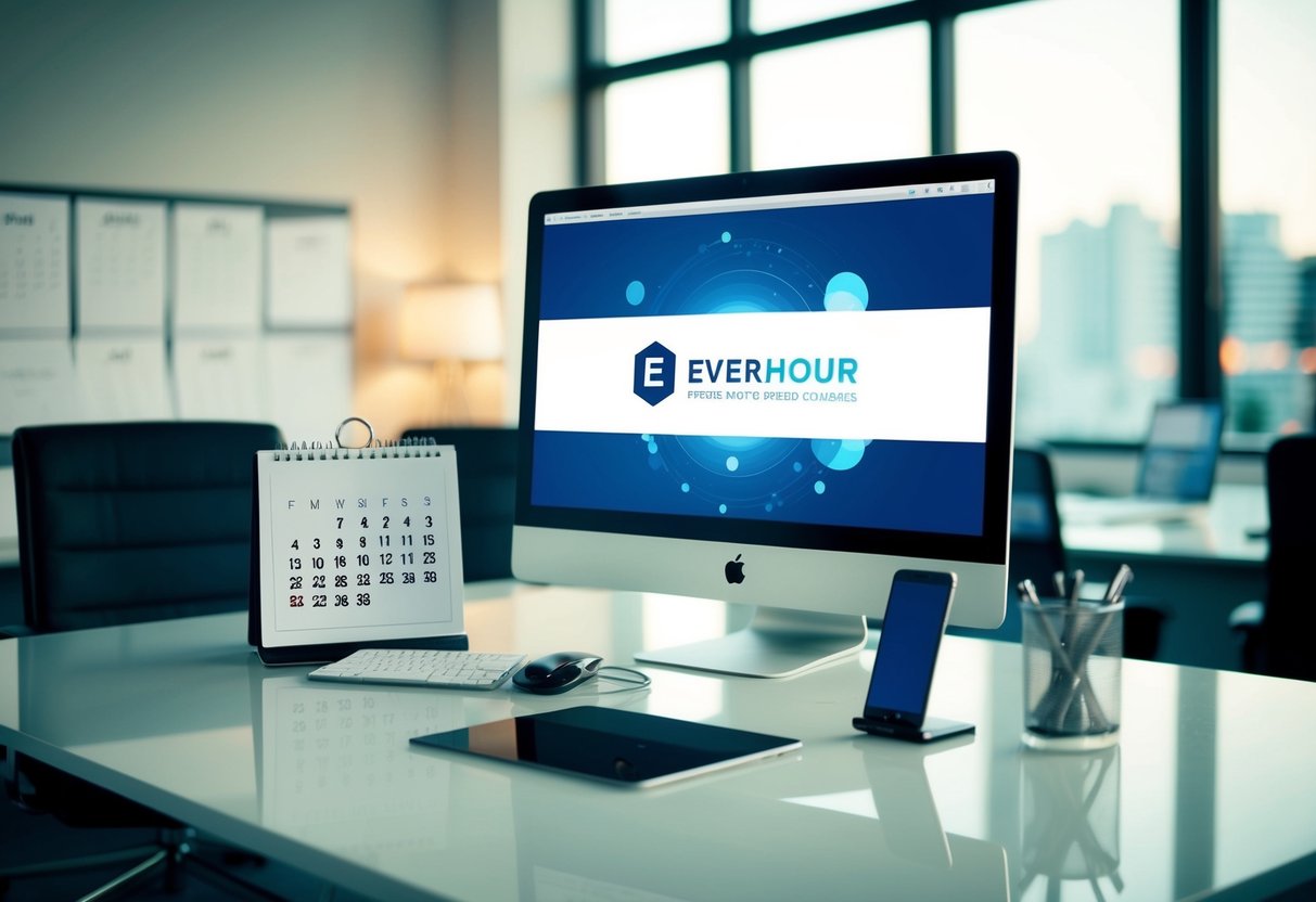 Everhour Contact Phone Number A modern office desk with a computer, a phone, and a calendar, with the Everhour logo displayed on the computer screen