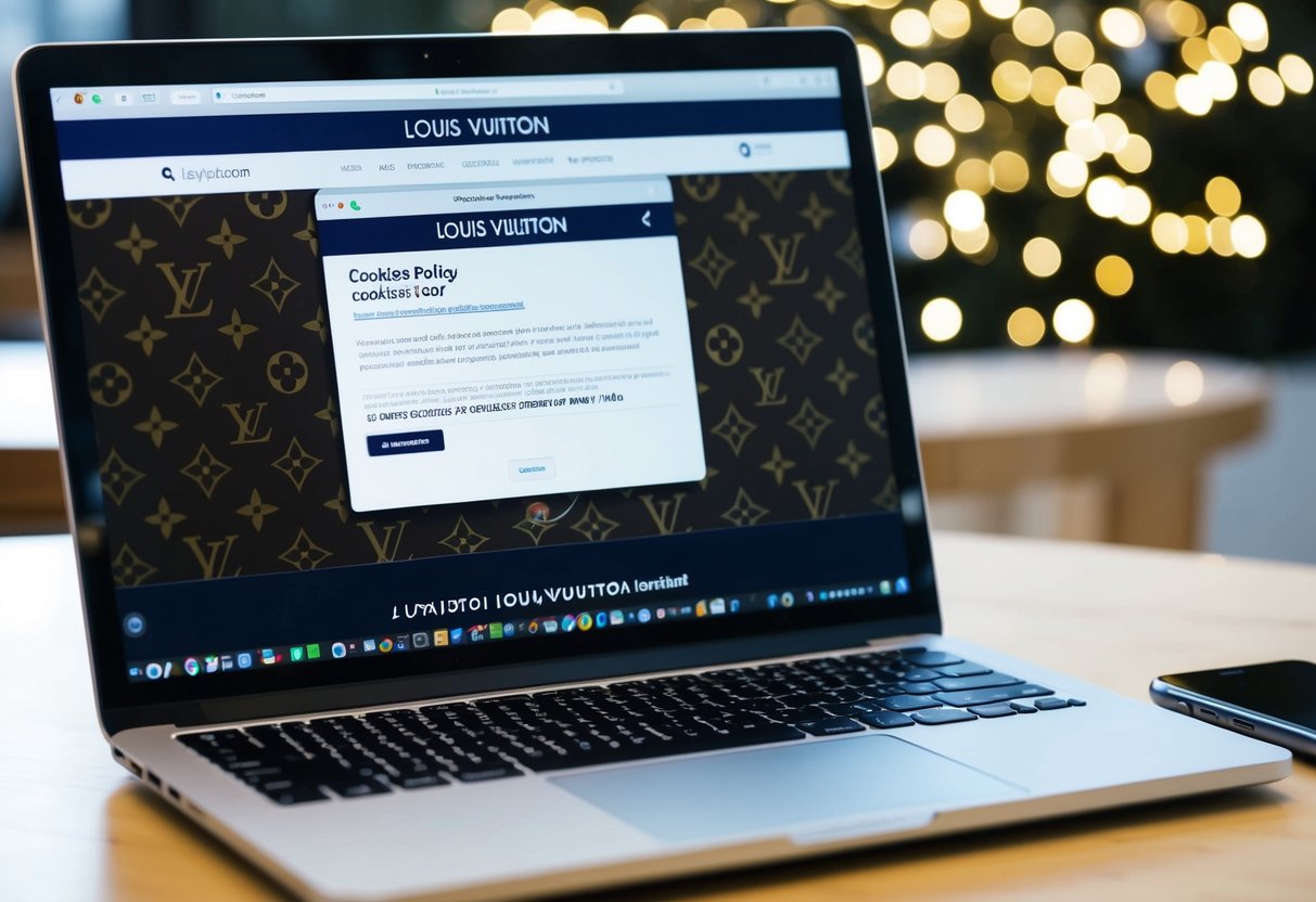 Louis Vuitton Contact Phone Number A laptop displaying the Louis Vuitton website with a focus on the cookies policy section, alongside a phone with the Louis Vuitton contact number visible