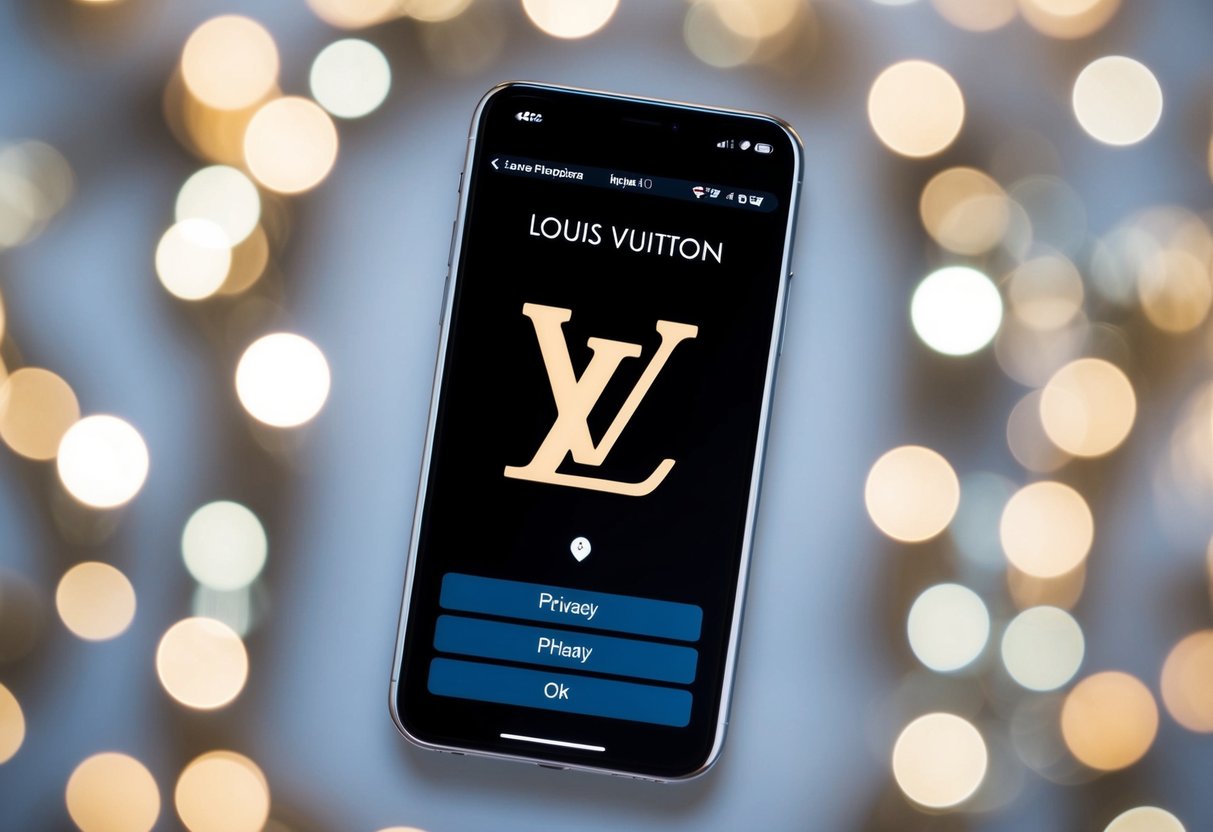 Louis Vuitton Contact Phone Number A sleek smartphone with the Louis Vuitton logo displayed on the screen, surrounded by a digital interface indicating user data and privacy settings