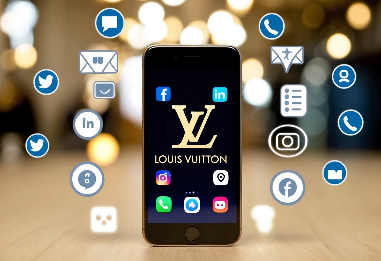 Louis Vuitton Contact Phone Number A smartphone displaying the Louis Vuitton logo surrounded by social media icons and contact symbols