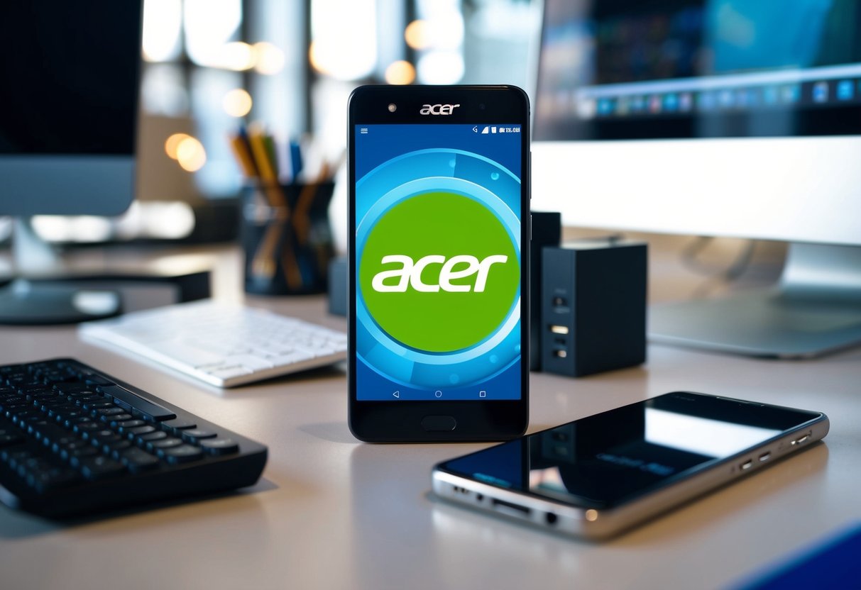 A phone with the Acer Inc. logo on the screen, surrounded by a modern office desk with a computer and other electronic devices