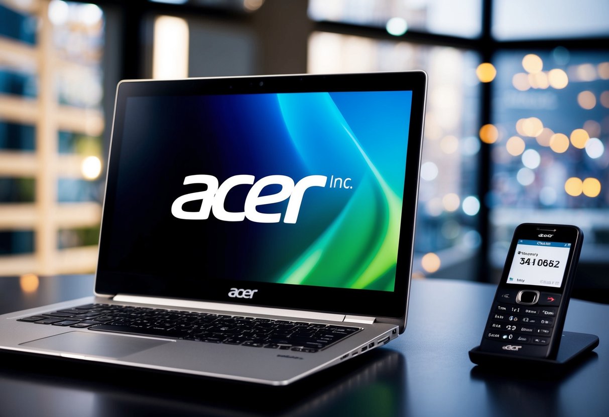 A sleek laptop with the Acer Inc. logo displayed prominently on the screen, with a phone nearby showing the contact number