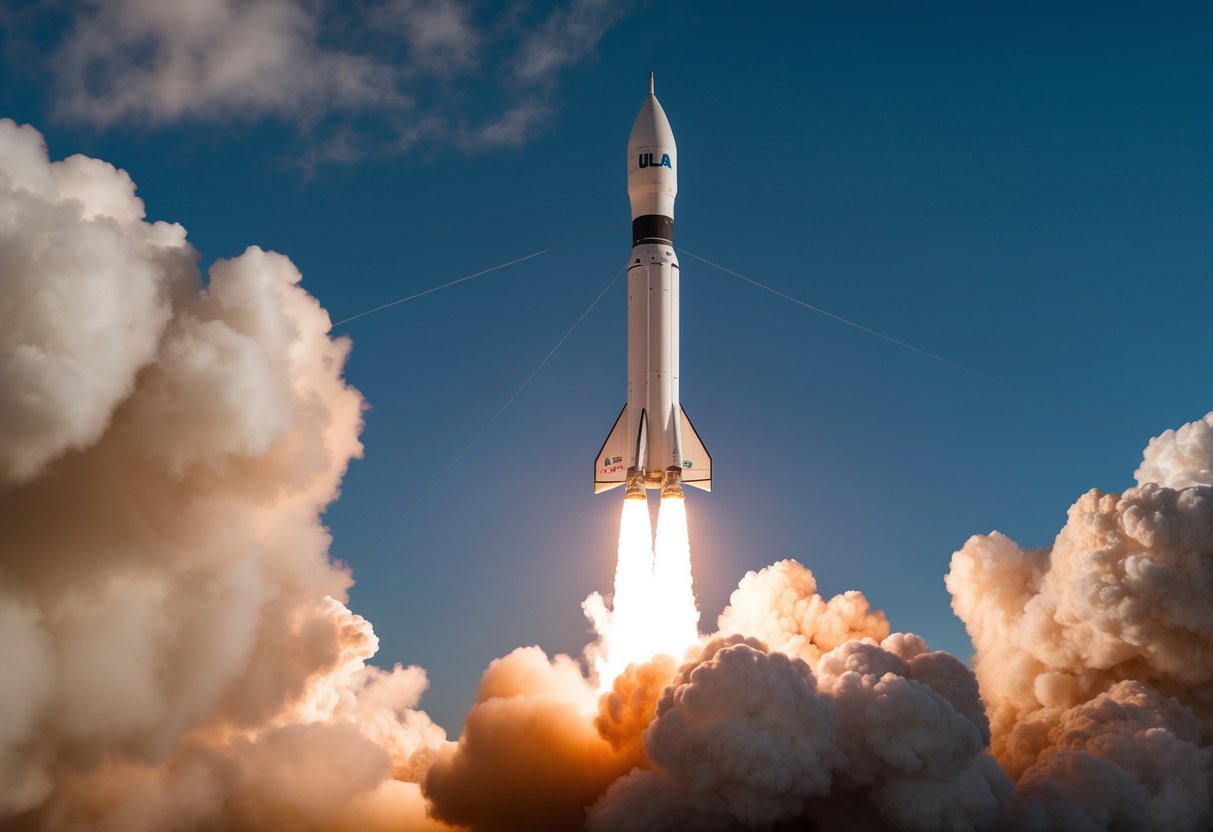 A rocket launching into space with the ULA logo prominently displayed