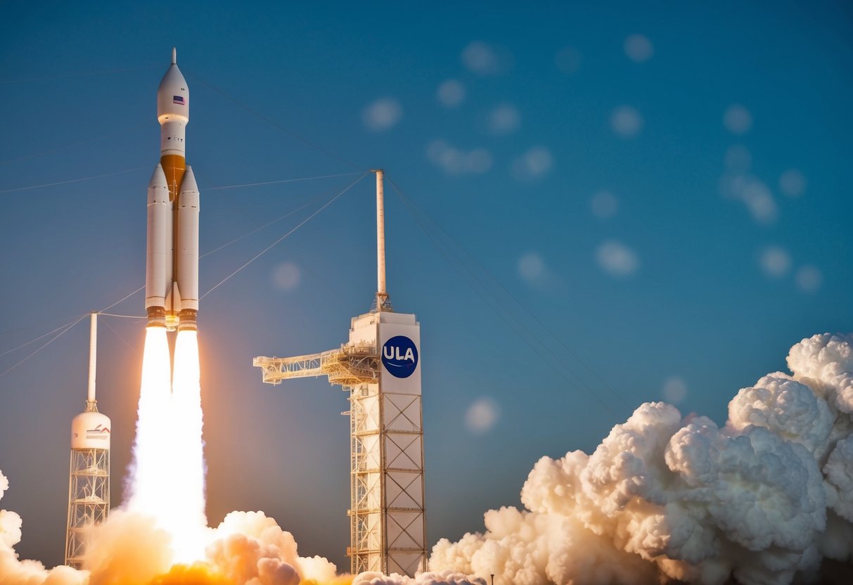 A rocket launching into space with the ULA logo prominently displayed on the side