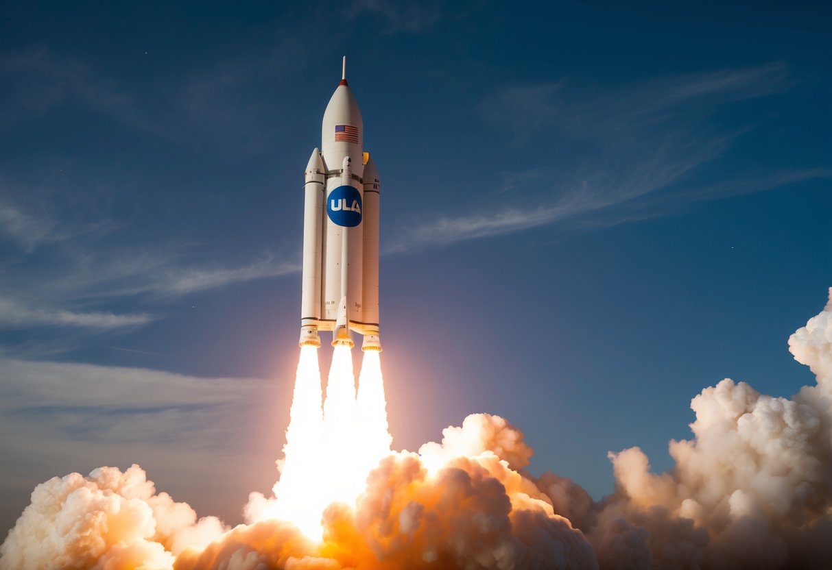 A rocket launching into space with the ULA logo prominently displayed on its side