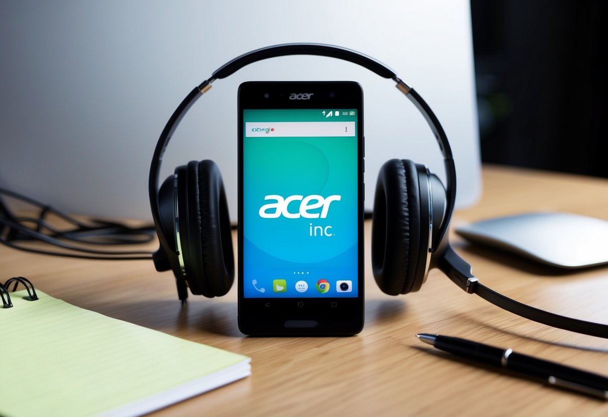 A phone sitting on a desk with the Acer Inc. logo visible on the screen, surrounded by a headset, notepad, and pen
