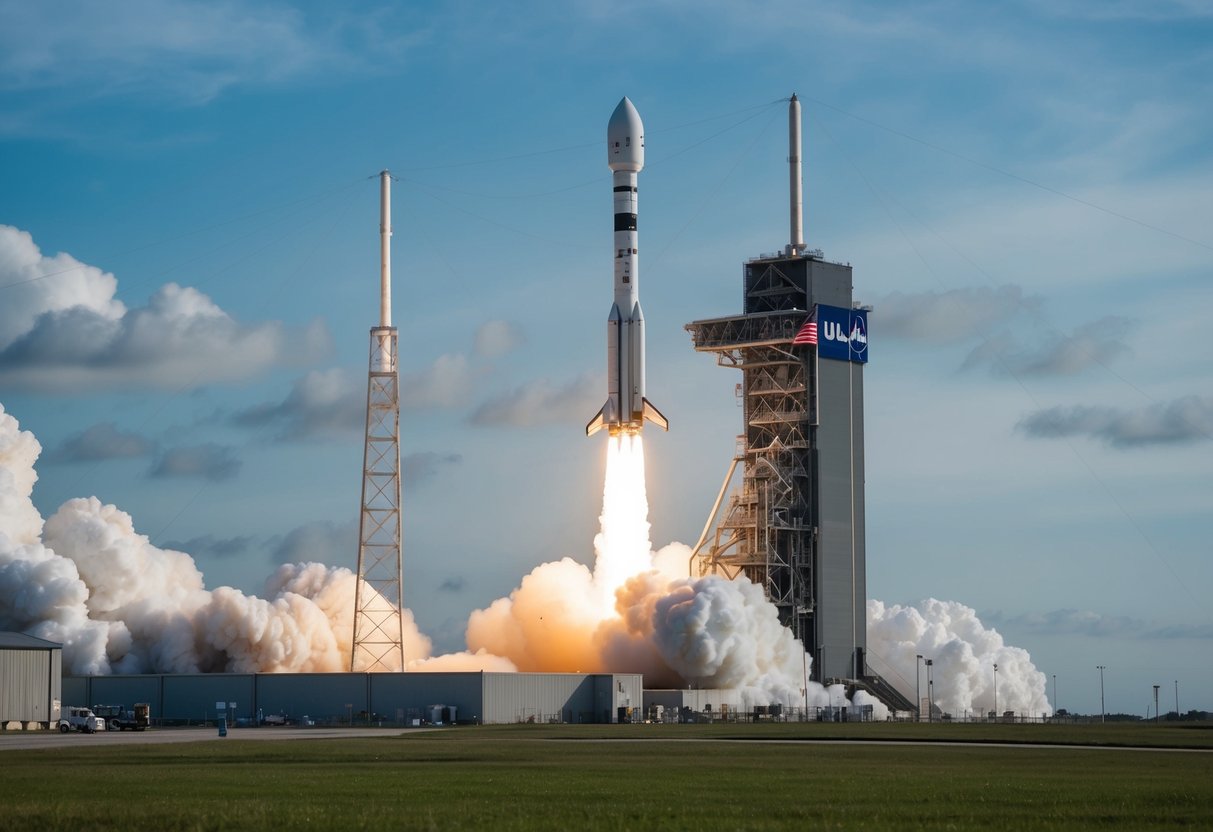 A rocket launching from a ULA United Launch Alliance facility, surrounded by support equipment and staff