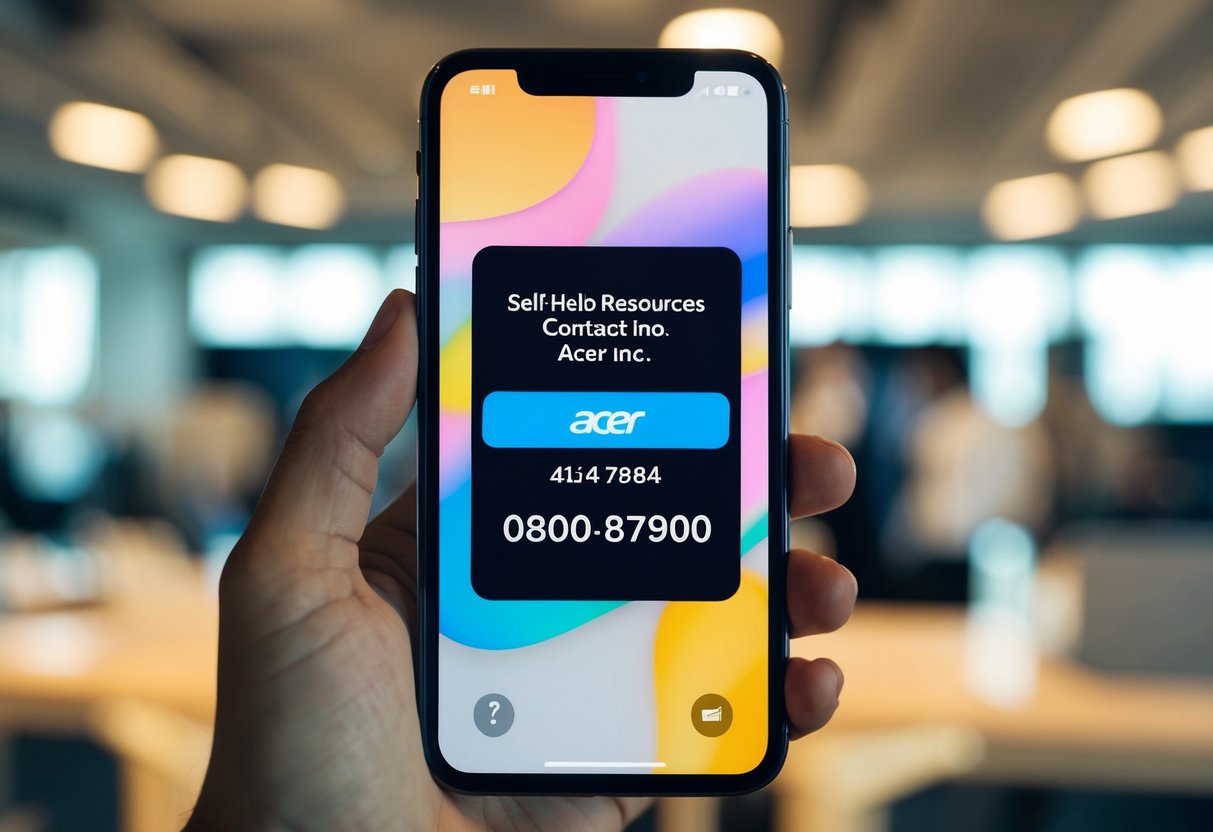 A smartphone with the Self-Help Resources Acer Inc. contact phone number displayed on the screen