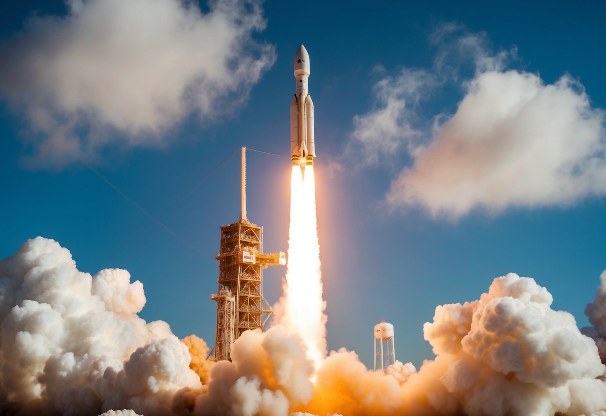 A rocket launching into space with the ULA logo prominently displayed on the side