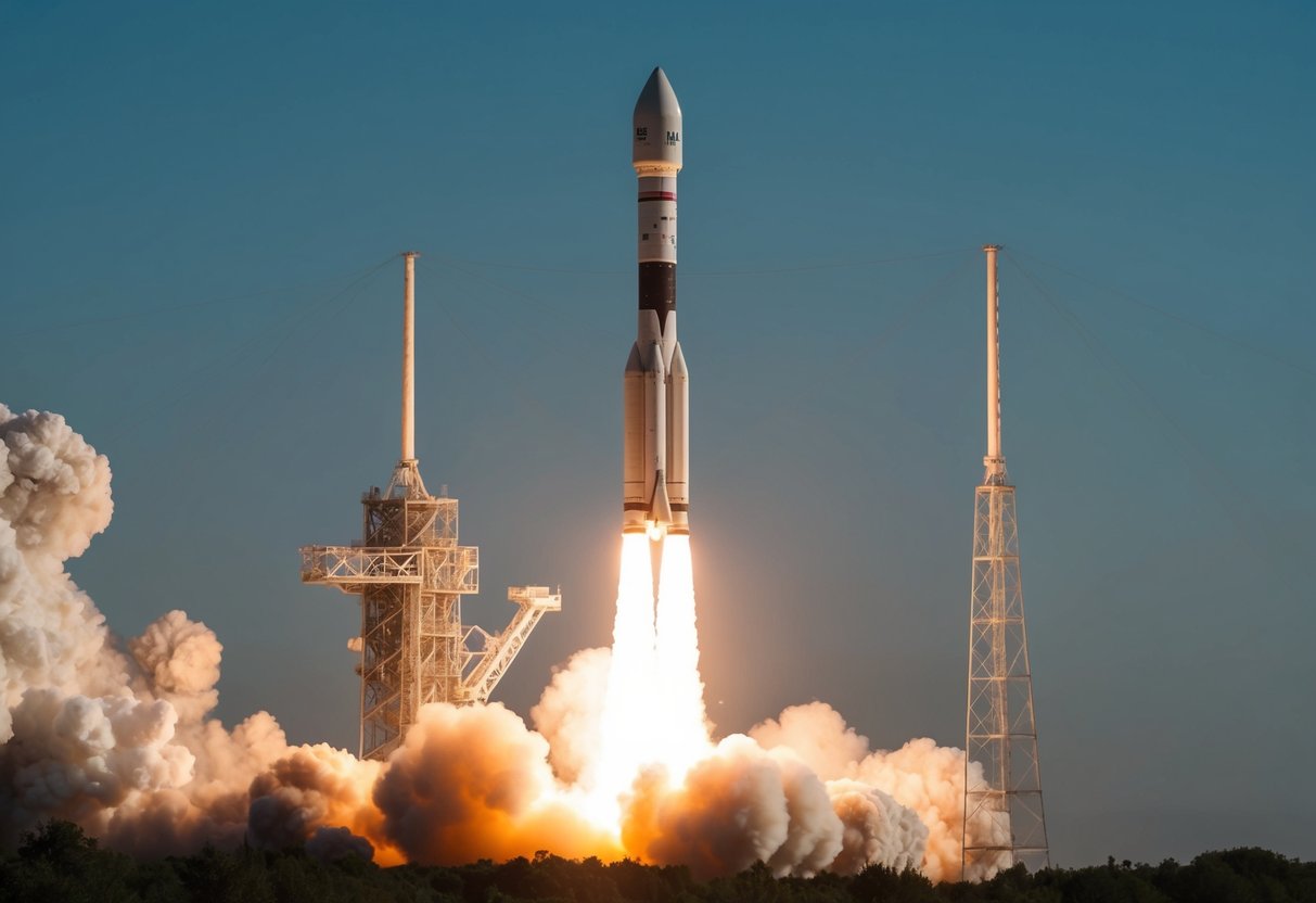 A rocket launching into space with ULA logo prominent on the side