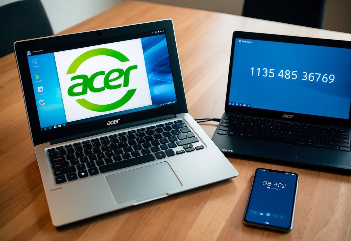 A laptop with the Acer Inc. logo displayed on the screen, alongside a phone with the contact number visible on the screen