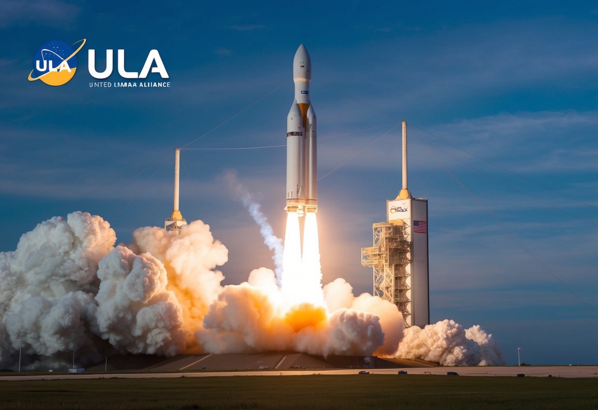 A rocket launching into space from a ULA United Launch Alliance facility, with the company's logo prominently displayed