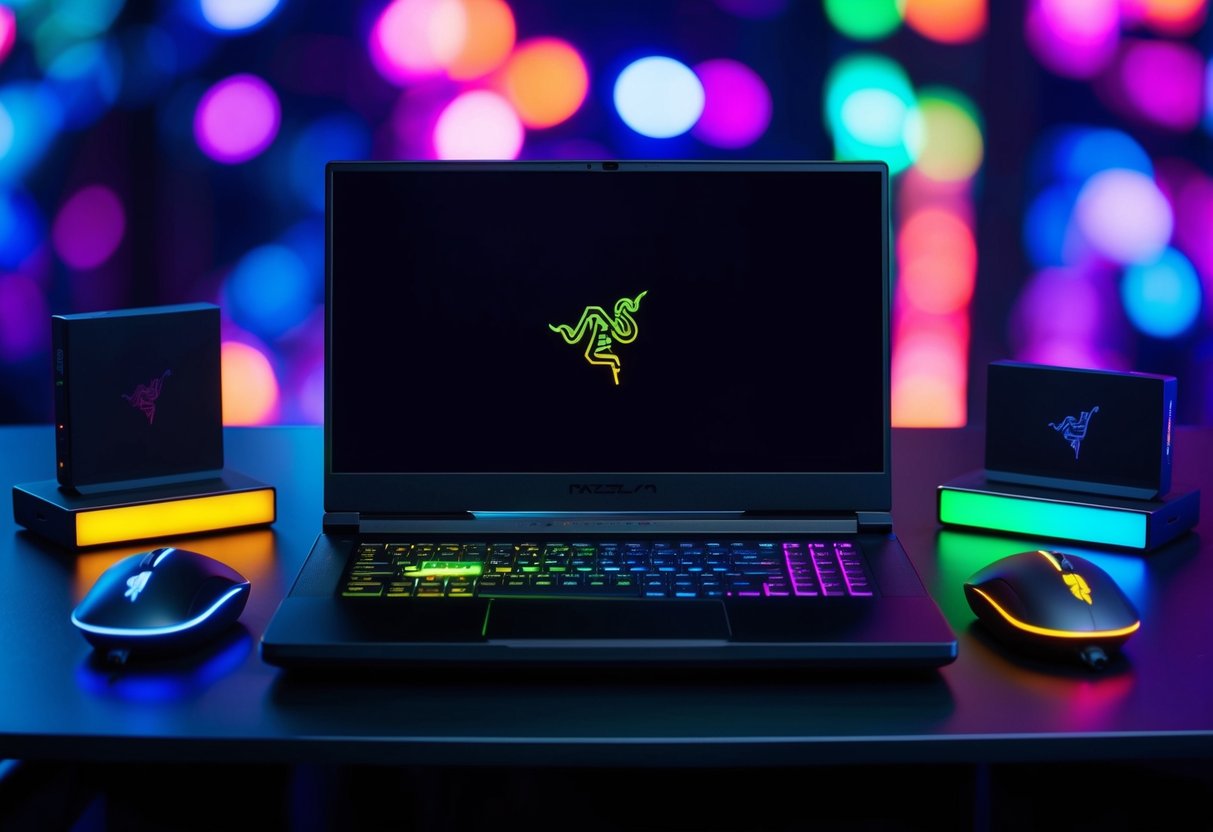 A sleek, futuristic gaming laptop sits on a desk, surrounded by colorful LED accessories. The Razer logo is prominently displayed on the laptop and accessories