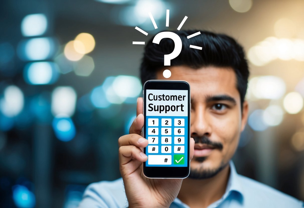 A person holding a phone with a customer support number displayed, with a question mark above their head