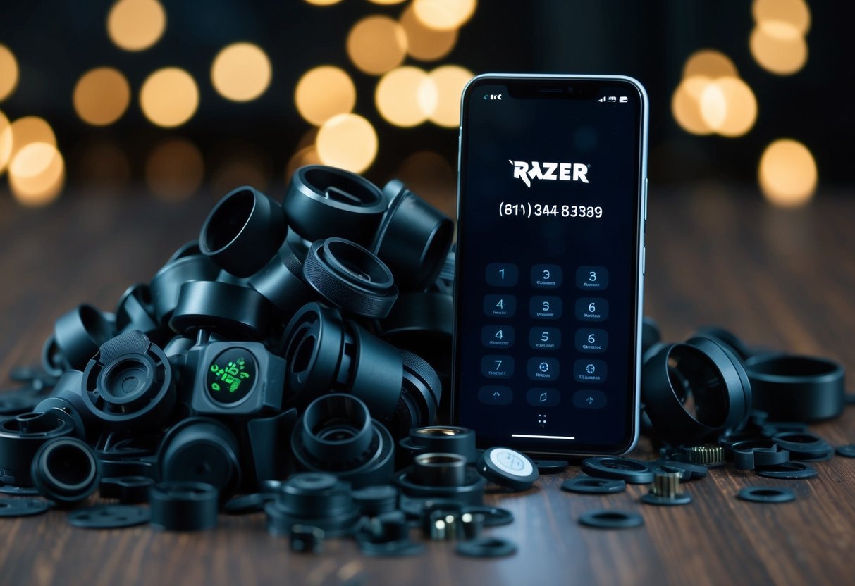 A pile of Razer replacement parts scattered next to a phone with the Razer contact number displayed on the screen