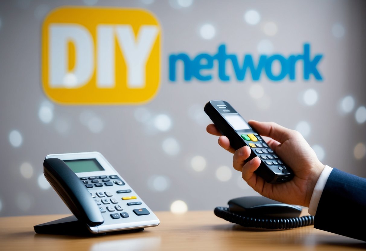 DIY Network Contact Phone Number A person holding a phone and dialing a number, with the DIY Network logo in the background