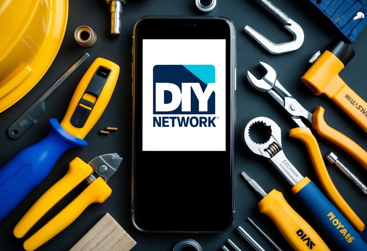DIY Network Contact Phone Number A phone with a DIY Network logo displayed on the screen, surrounded by various tools and materials for home improvement projects