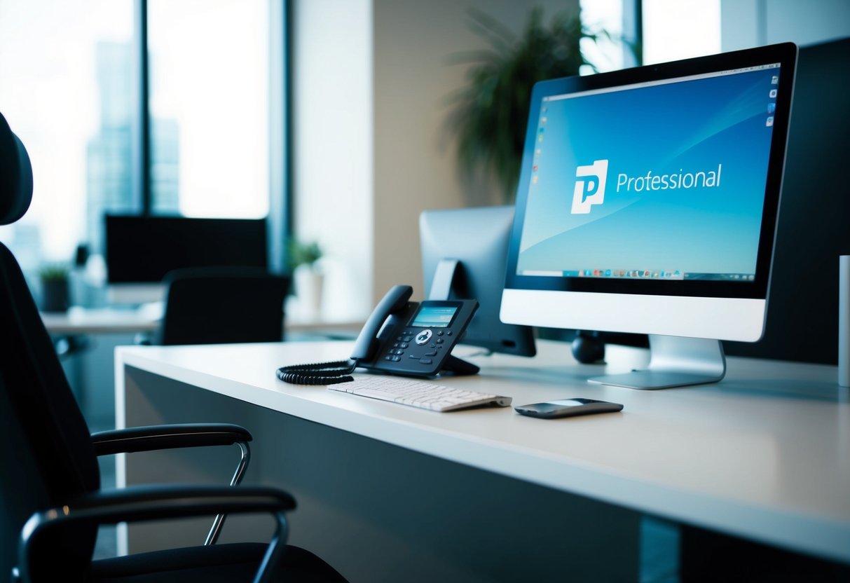 A sleek, modern office desk with a computer, phone, and corporate logo