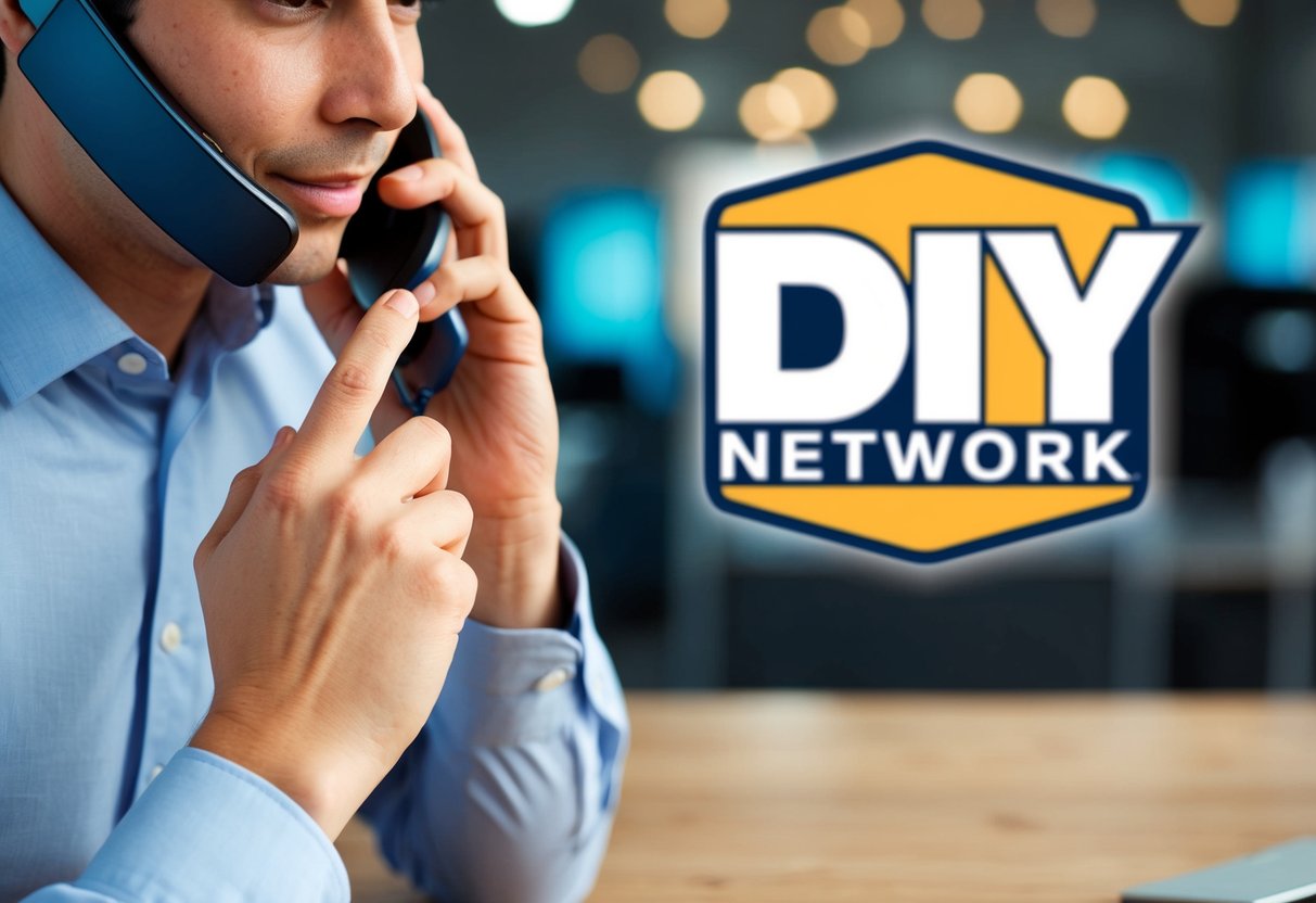 DIY Network Contact Phone Number A person using a phone to call customer support, with a DIY network logo in the background