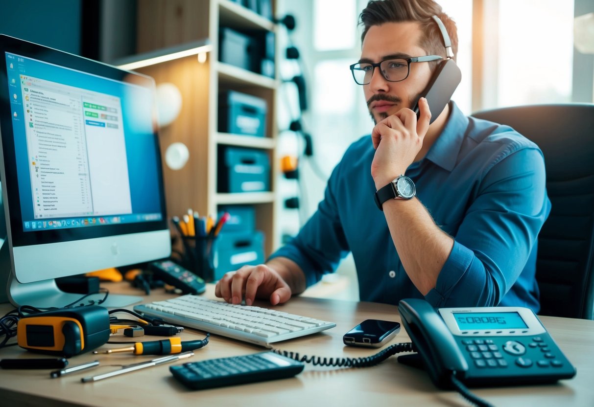 DIY Network Contact Phone Number A person sitting at a desk with a computer, surrounded by various technical support DIY tools and equipment, with a phone nearby displaying the contact number for the network
