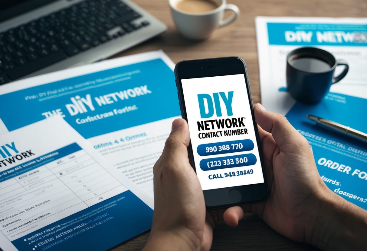 DIY Network Contact Phone Number A person using a smartphone to search for the DIY Network contact phone number while surrounded by promotional materials and order forms