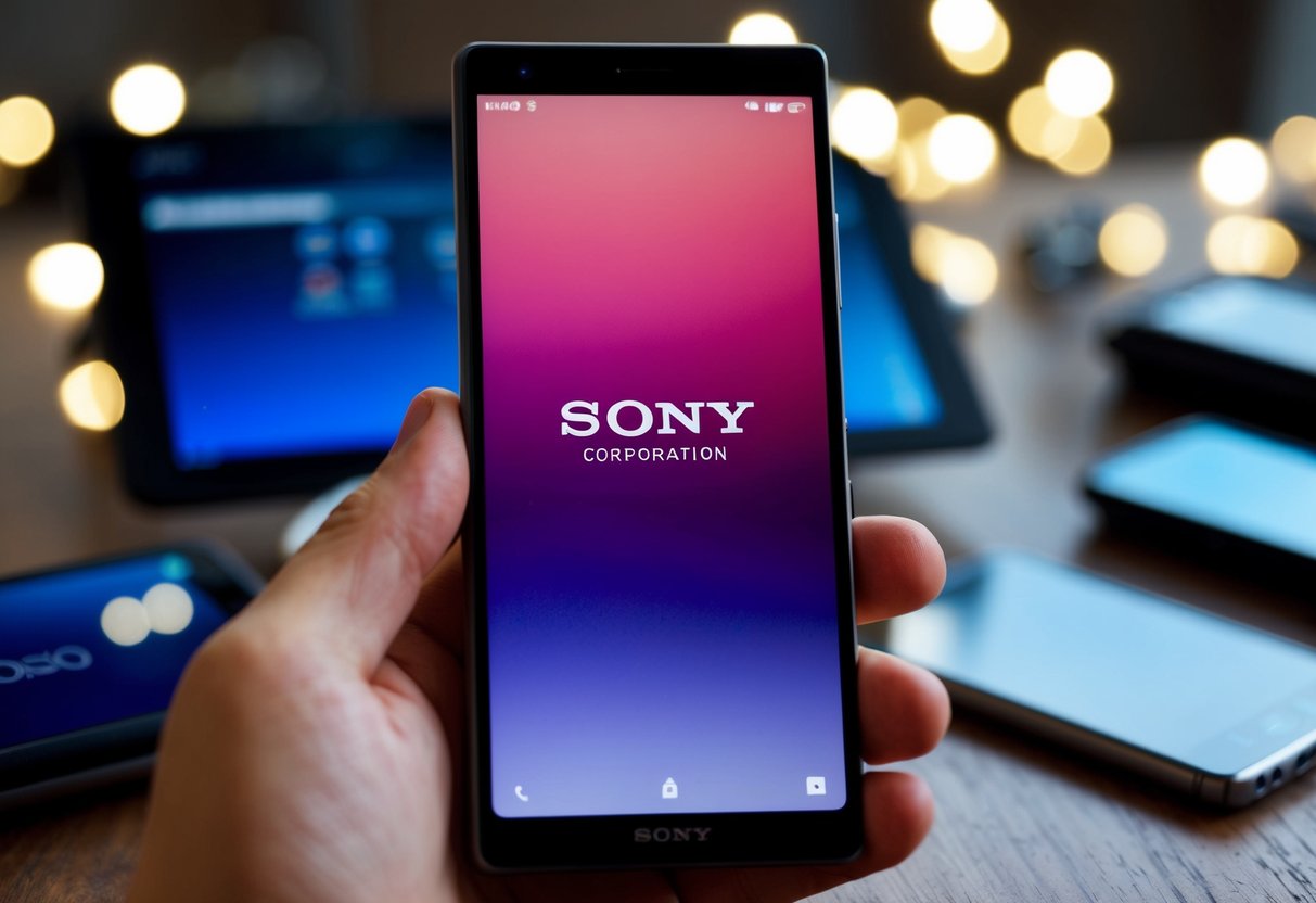 Sony Corporation Contact Phone Number A sleek, modern phone with the Sony Corporation logo displayed on the screen, surrounded by other electronic devices