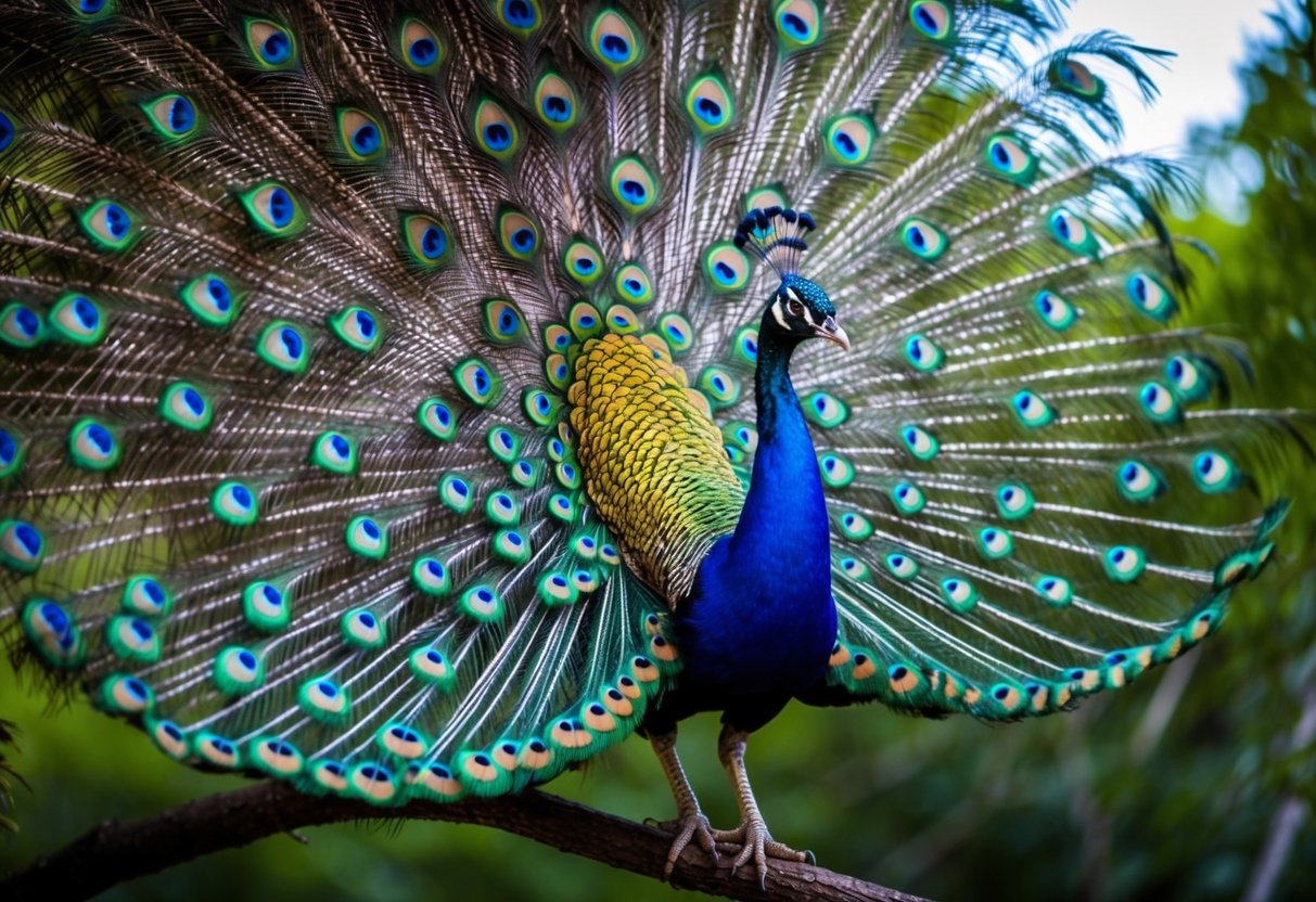 Peacock Contact Phone Number A regal peacock perched on a tree branch, its vibrant feathers fanned out in a display of iridescent blues and greens