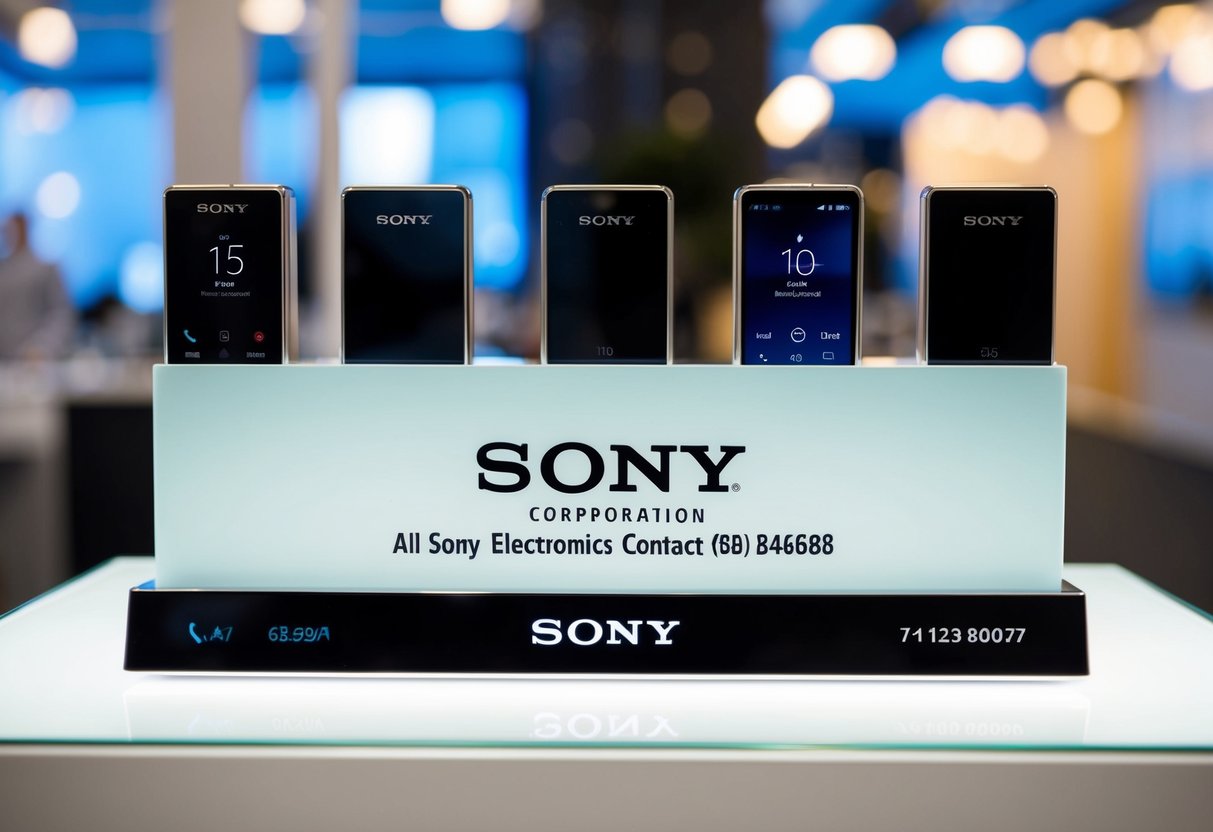 Sony Corporation Contact Phone Number A sleek display of Sony electronics products with the Sony Corporation contact phone number displayed prominently