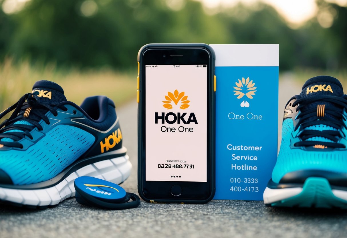 Hoka One One Contact Phone Number A phone with the Hoka One One logo displayed on the screen, surrounded by running shoes and a customer service hotline number