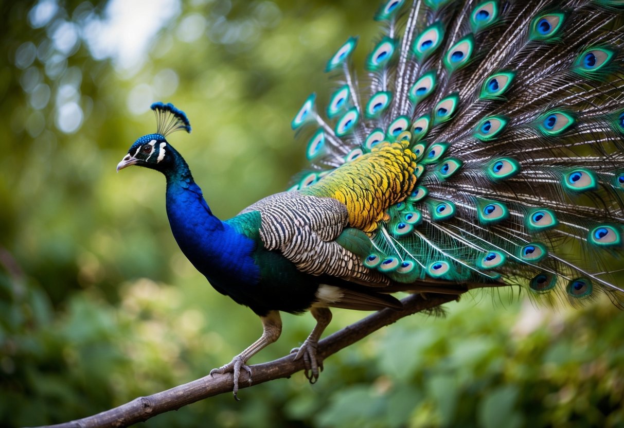 Peacock Contact Phone Number A colorful peacock perched on a branch, with its feathers fanned out in a display of vibrant hues
