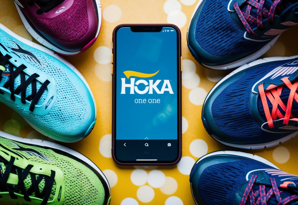 Hoka One One Contact Phone Number A phone with the Hoka One One logo surrounded by various running shoes in different colors and styles