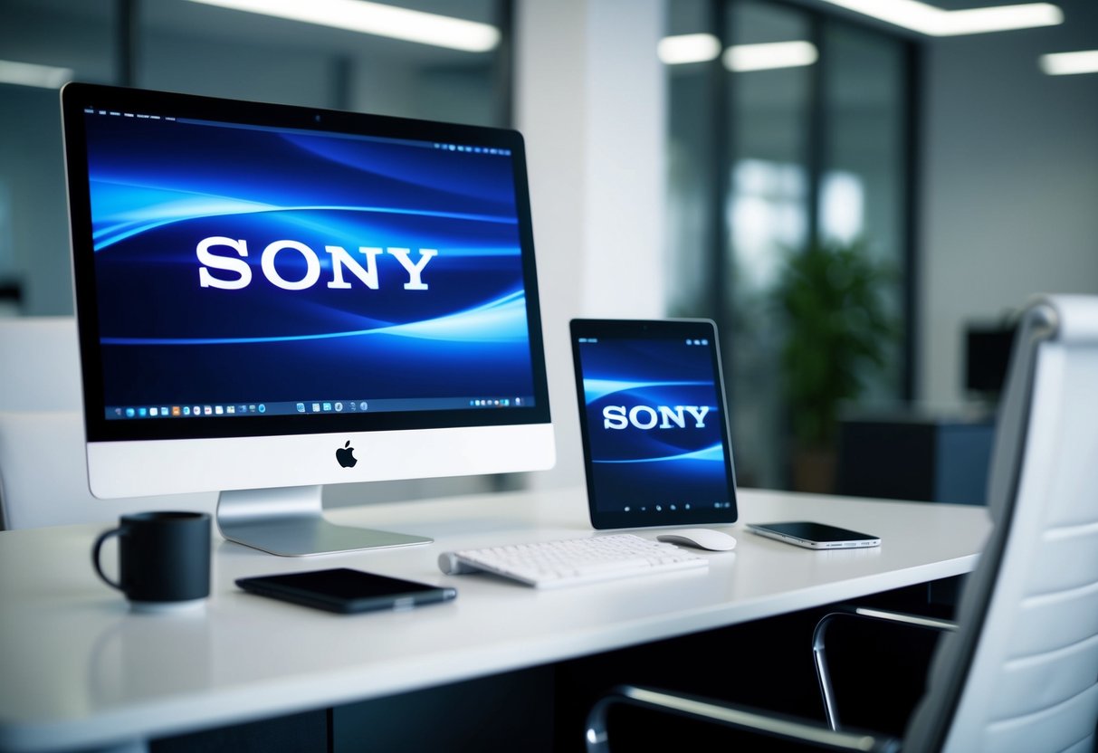 Sony Corporation Contact Phone Number A sleek, modern office desk with a computer, phone, and Sony logo prominently displayed on the screen