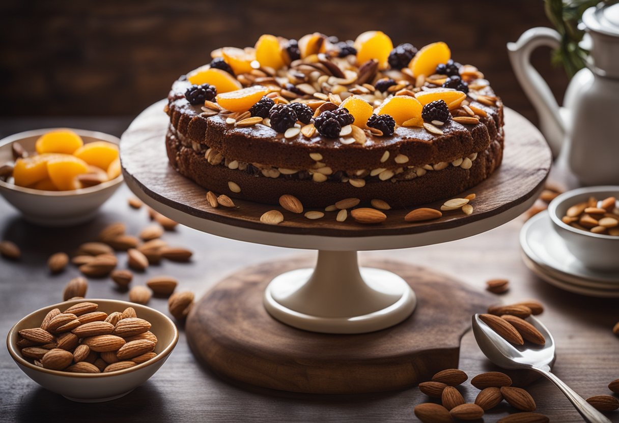 Uma mesa de cozinha rústica com um bolo de amêndoas e frutas secas recém-assado em um suporte de bolo vintage, cercado por amêndoas e frutas secas espalhadas.