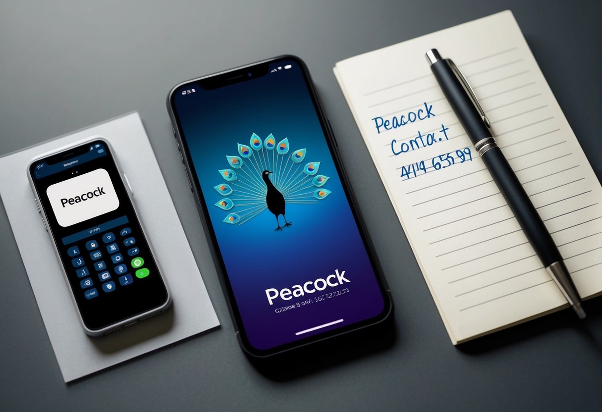 Peacock Contact Phone Number A smartphone with the Peacock app open, alongside a pen and paper with the Peacock contact phone number written down