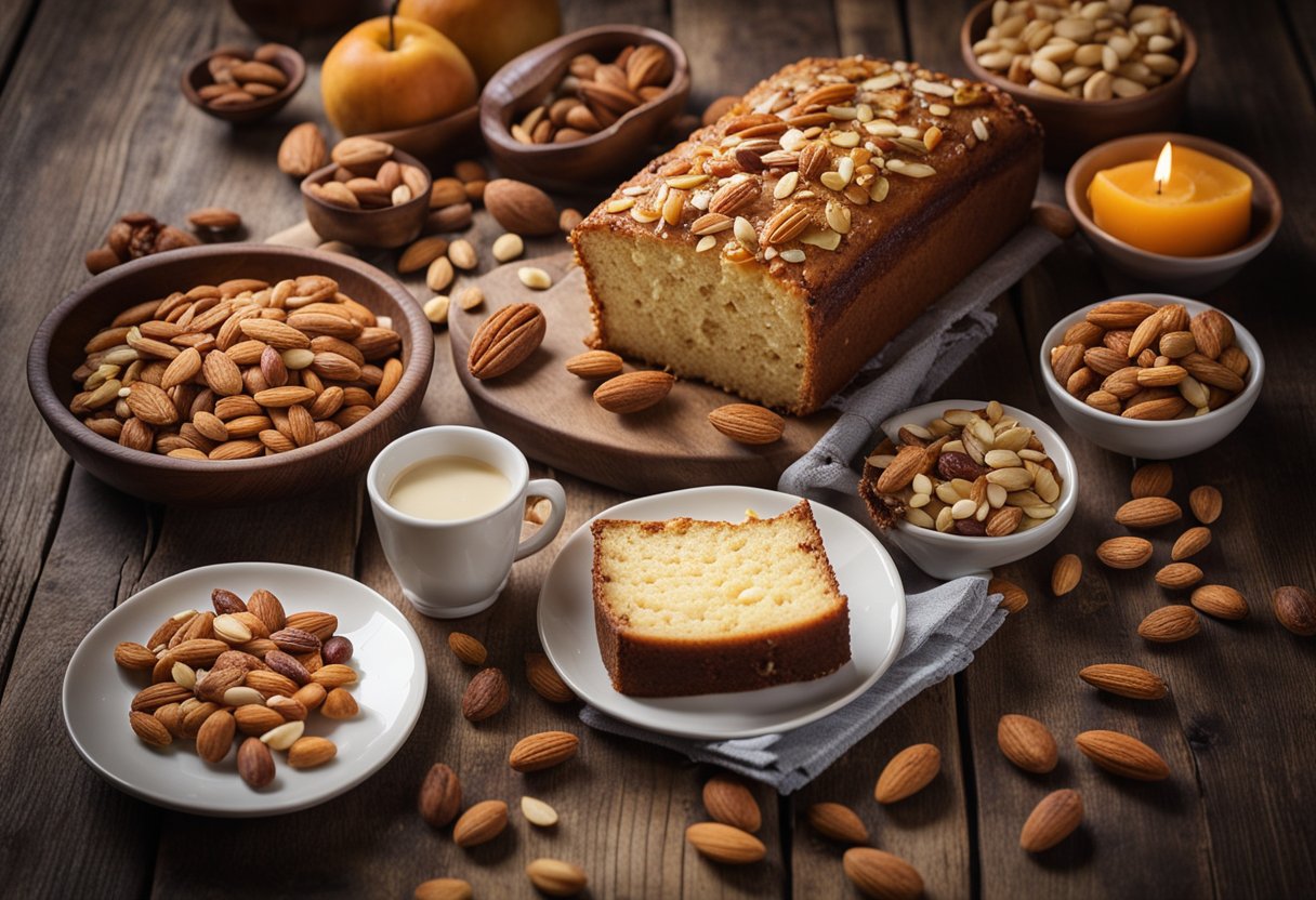 Uma mesa de cozinha rústica com um bolo de amêndoas recém-assado cercado por uma variedade de frutas secas e amêndoas.