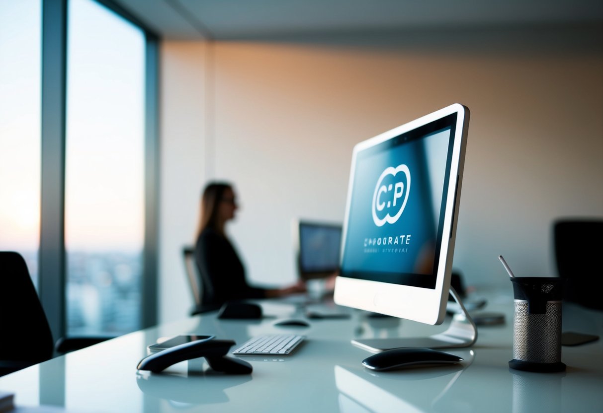 Sony Corporation Contact Phone Number A sleek, modern office desk with a computer, phone, and corporate logo