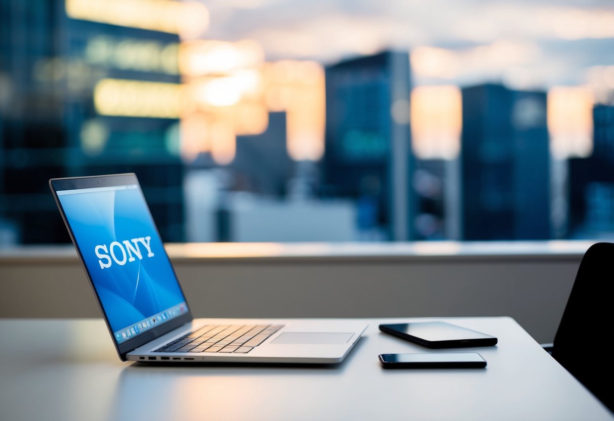 Sony Corporation Contact Phone Number A sleek, modern office desk with a laptop, phone, and Sony logo