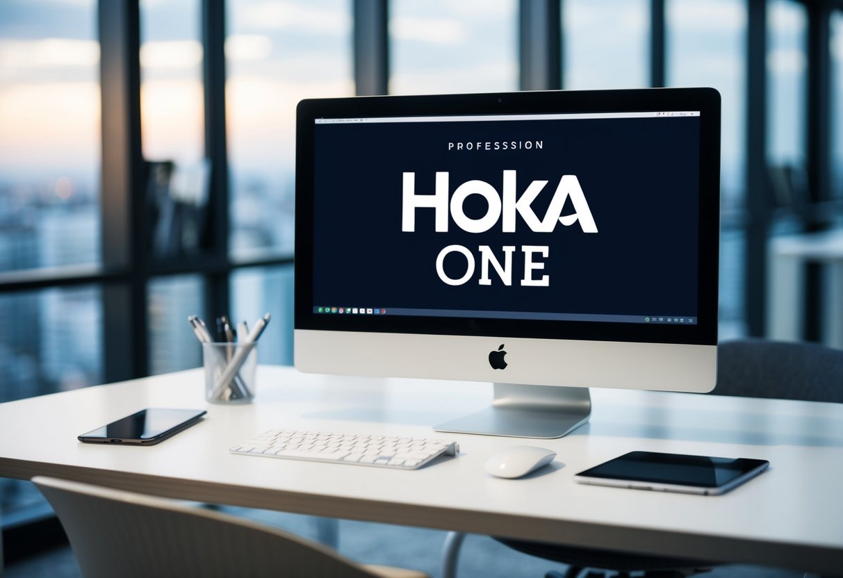 Hoka One One Contact Phone Number A sleek, modern office desk with a computer, phone, and Hoka One One branding
