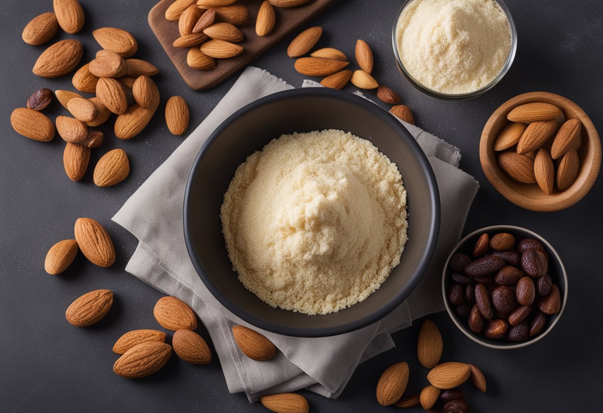 Uma tigela de farinha de amêndoa, frutas secas e outros ingredientes dispostos em uma bancada de cozinha, com um cartão de receita próximo.