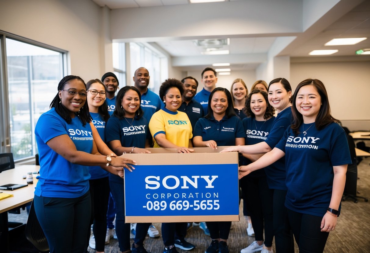 Sony Corporation Contact Phone Number A group of people from various backgrounds engaging in community service activities, with the Sony Corporation contact phone number displayed prominently