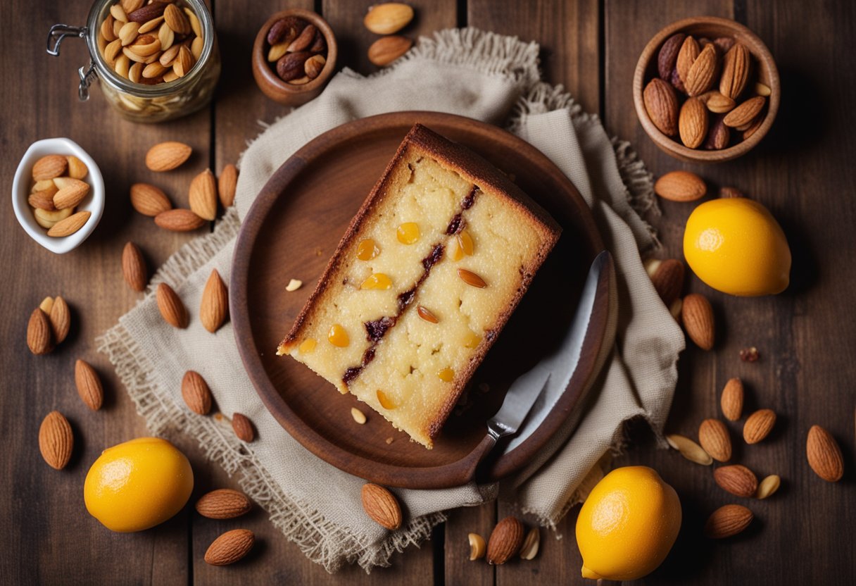 Um bolo de amêndoas recém-assado com frutas secas está sobre uma mesa de madeira rústica, cercado por amêndoas espalhadas e uma variedade de frutas secas.