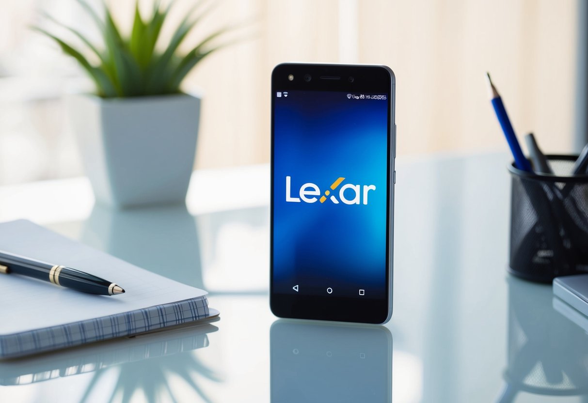 Lexar Contact Phone Number A smartphone with the Lexar logo displayed on the screen, sitting on a clean, modern desk with a pen and notepad nearby
