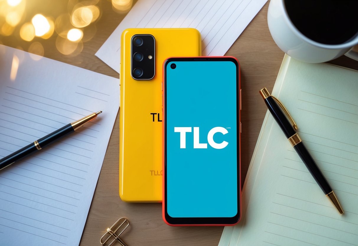 A brightly colored phone with the TLC logo on the screen, surrounded by a few scattered papers and a pen