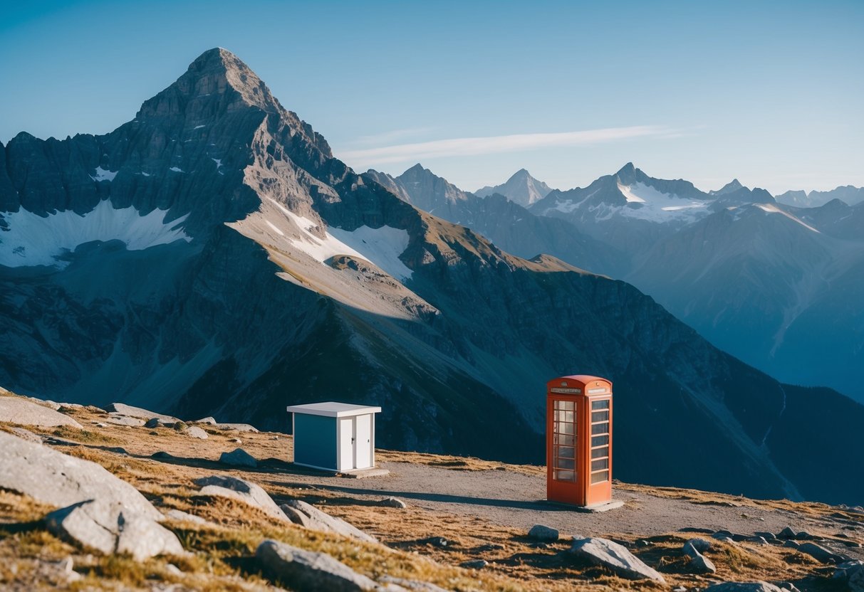 A mountainous landscape with a clear blue sky, a small basecamp nestled among the peaks, and a prominent phone booth