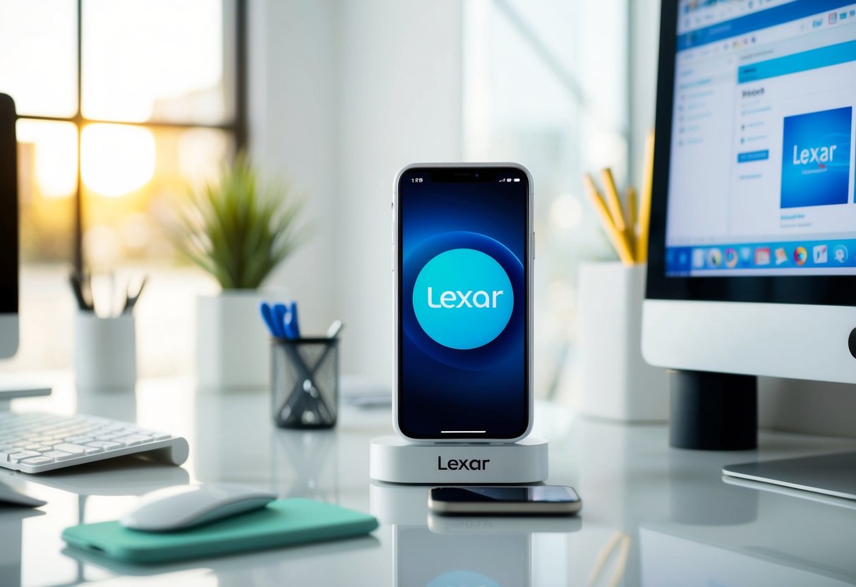 Lexar Contact Phone Number A phone with the Lexar logo displayed on the screen, surrounded by a clean and modern office desk setup with a computer and other office supplies