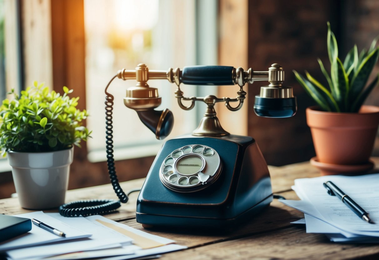 A vintage telephone sitting on a rustic wooden desk, surrounded by a clutter of papers and a potted plant