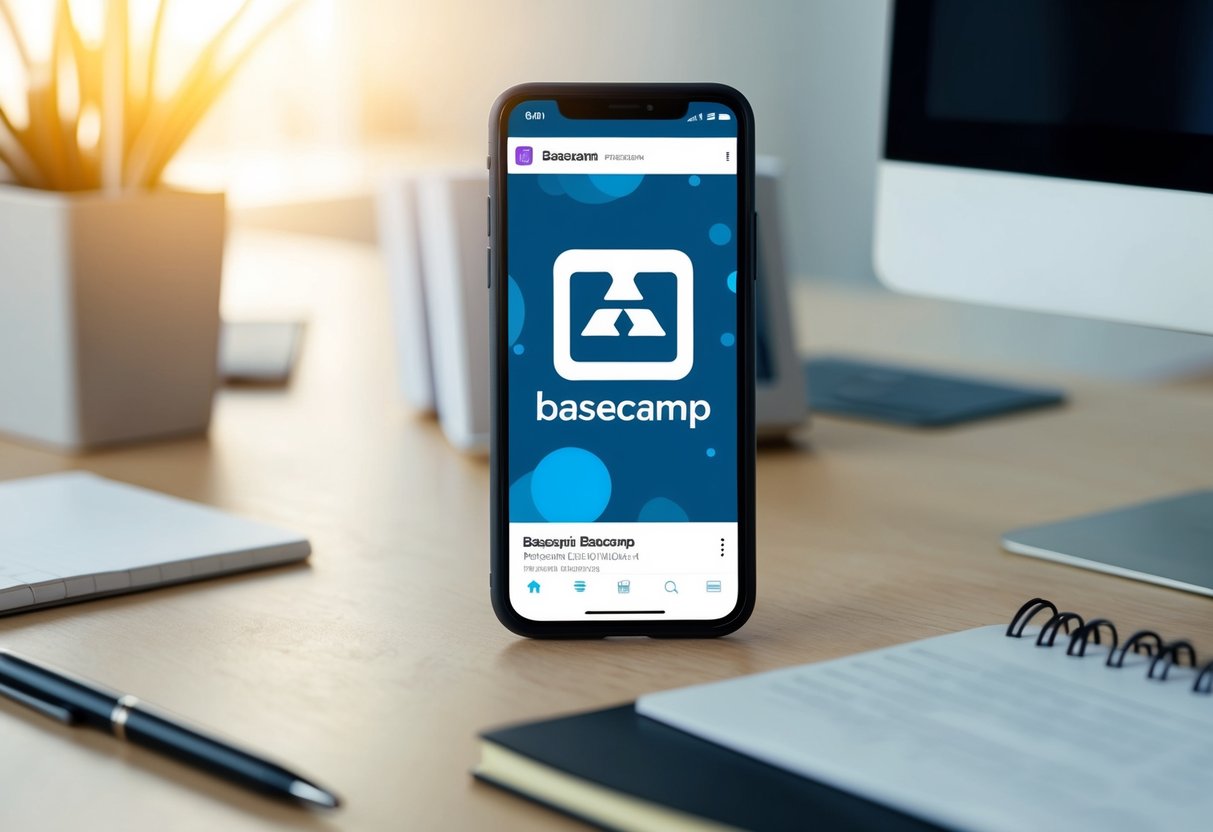 A phone with the Basecamp logo displayed on the screen, surrounded by a clean and organized desk with a pen and notepad nearby