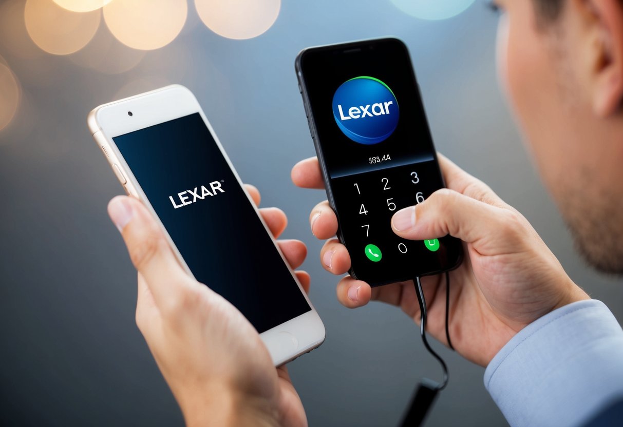 Lexar Contact Phone Number A hand reaching for a smartphone with the Lexar logo displayed on the screen, while a phone number is being dialed